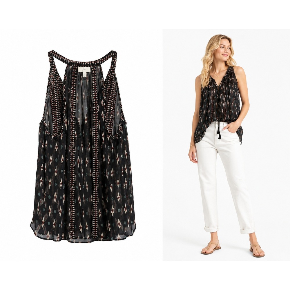 Joie Top Women XS Black Ikat Print Silk Boho V-Neck Sleeveless‎ Tassel Racerback